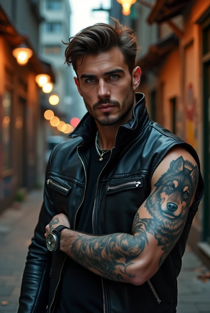 27 year old man with green eyes, brown hair and a tattoo of a wolf's face on one arm