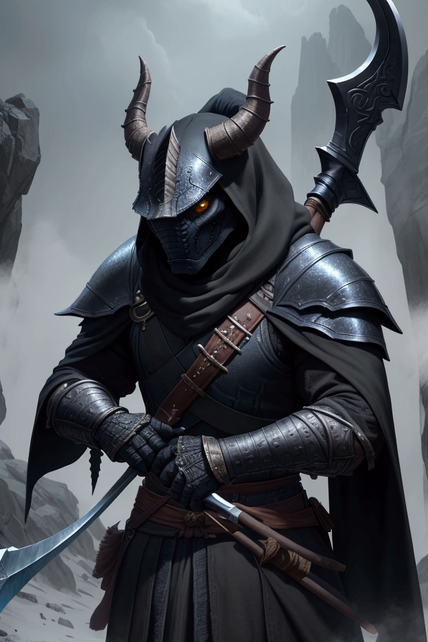 1 dragonborn, skin black, wearing wizard clothes, With a scythe in hand, preparing for battle
