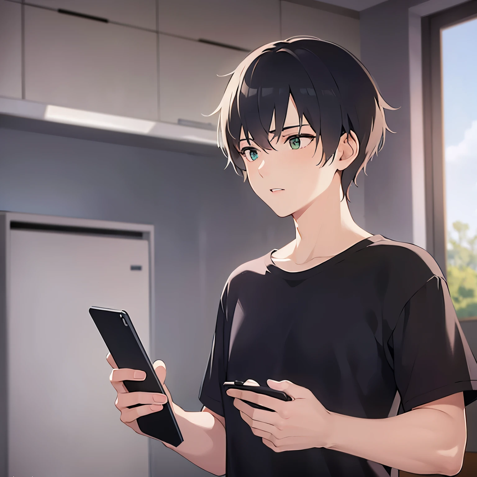 (25-year-old male:1.5) and (Brown short hair) and (Green Eyes), (looking away:1.5),upper body、Talking on the phone、(talking on the smartphone:1.5),(handling_smart_phone, smart_phone:1.2)、 shiny skin, (looking away:1.5)、masterpiece、Highest quality、 (Black Shirt:1.5)、 worried、open mouth,The background is the living room、(alone:1.5)