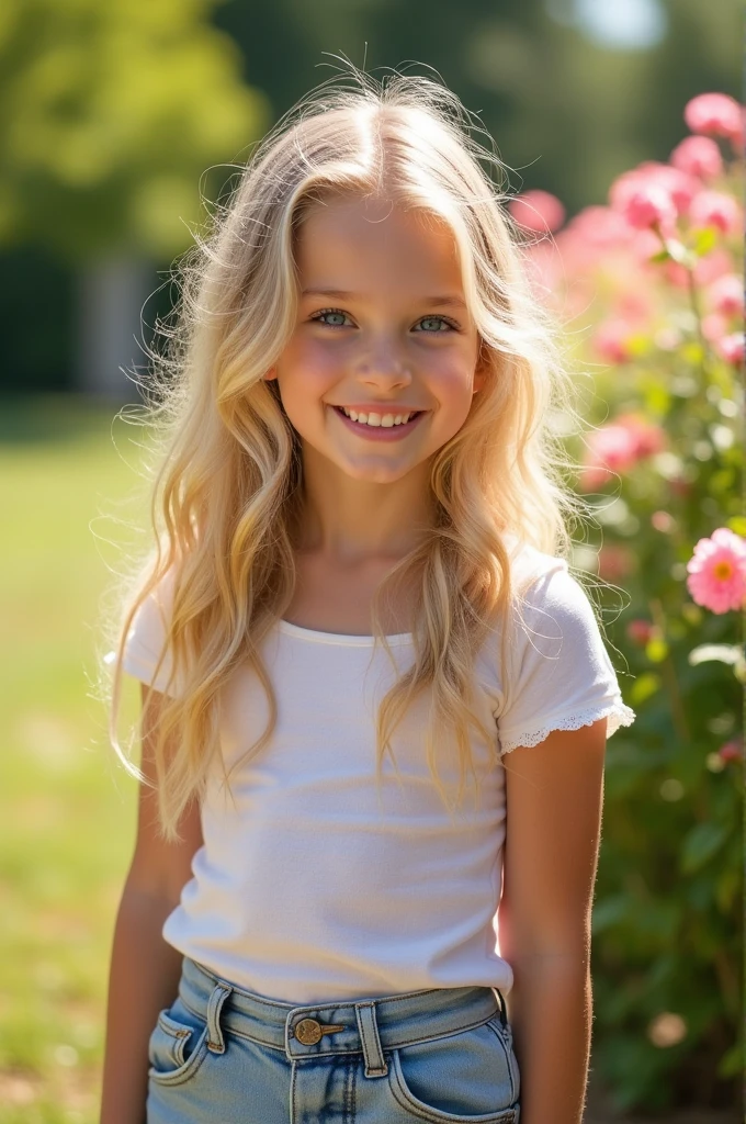 blonde girl, blue eyes with an excited face showing breasts.