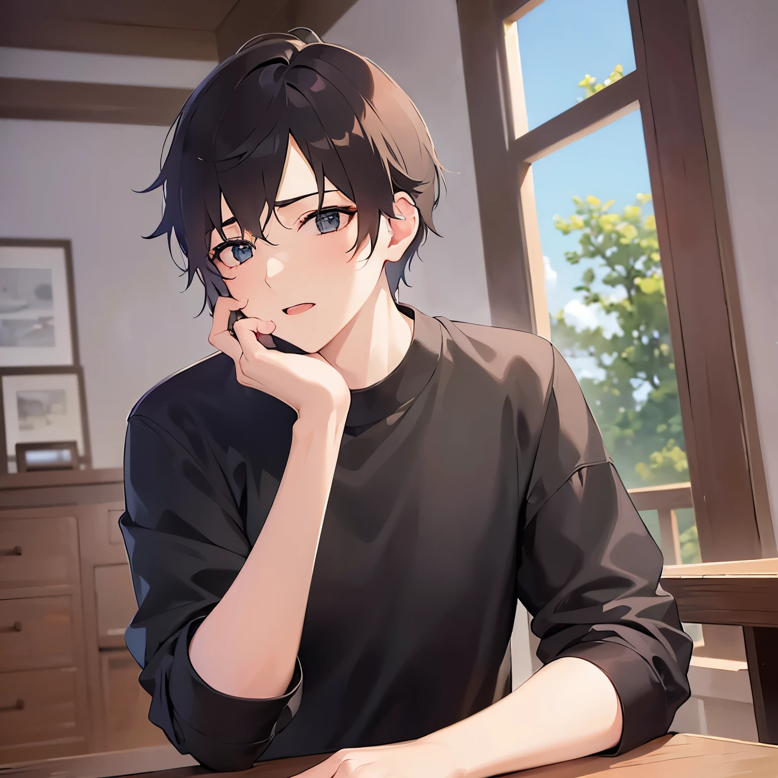 (25-year-old male:1.5) and (Brown short hair) and (Green Eyes), (looking away:1.5),upper body、Talking on the phone、(talking on the smartphone:1.5),(handling_smart_phone, smart_phone:1.2)、 shiny skin, (looking away:1.5)、masterpiece、Highest quality、 （Black Shirt：1.5）、 worried、open mouth,The background is the living room、(alone:1.5)