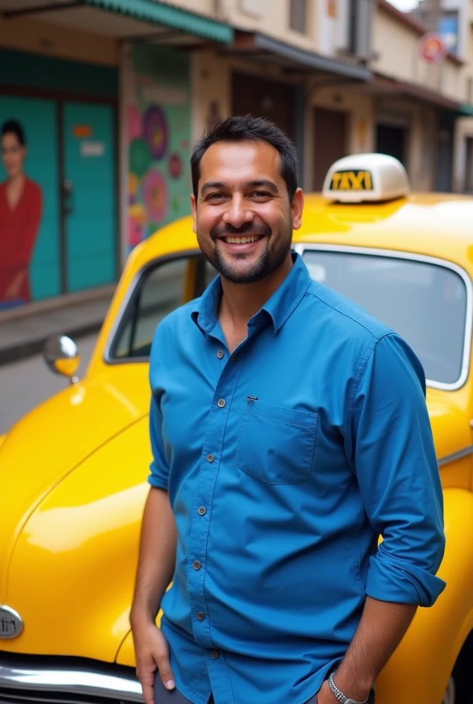 A Salvadoran taxi driver standing in front of his taxi, smiling and wearing a blue shirt