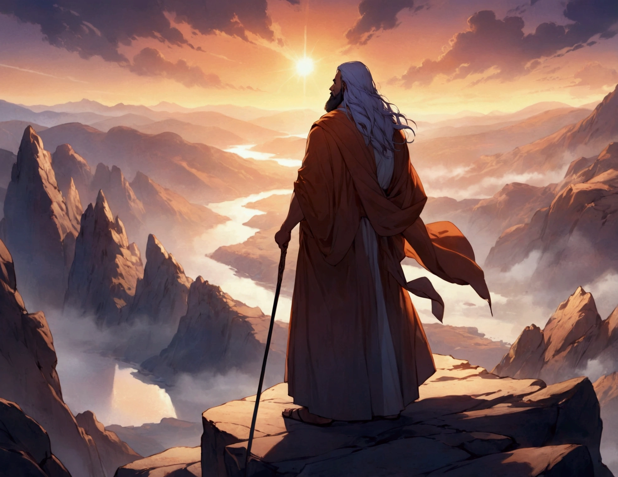 Create a cinematic-quality image with advanced levels of detail, depicting Moses standing alone at the top of a majestic mountain. The scene should be set at twilight, with the sky painted in deep purples and oranges as the sun sets in the distance. Moses, clad in traditional robes and holding his iconic staff, stands at the edge of a rocky cliff, overlooking a vast, barren landscape below. His figure is illuminated by the fading sunlight, casting long shadows across the rugged terrain.

The mountain itself is imposing, with jagged rocks and steep cliffs, symbolizing the solitude and gravity of Moses’ position. The wind gently tugs at his robes and beard, adding a sense of movement and isolation. The atmosphere is one of contemplation and reverence, with intricate details in the texture of the rocks, the folds of Moses' clothing, and the distant horizon. The overall mood should evoke a sense of solitude, reflection, and the weight of leadership, capturing the solemn moment of Moses on the mountaintop.