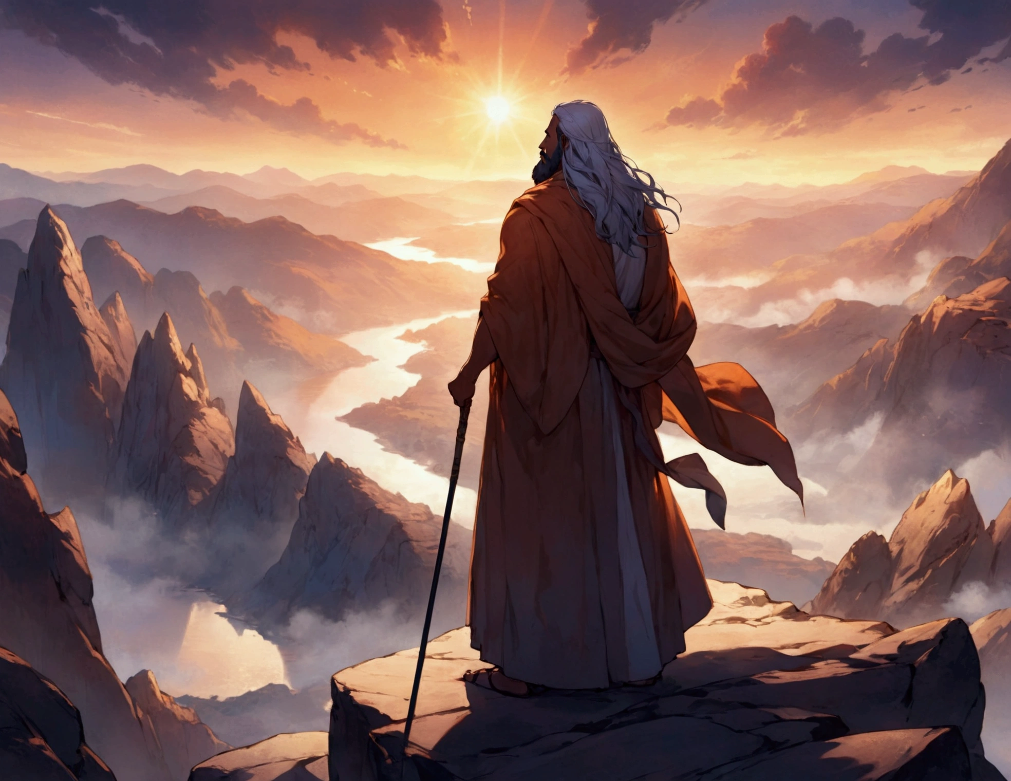 Create a cinematic-quality image with advanced levels of detail, depicting Moses standing alone at the top of a majestic mountain. The scene should be set at twilight, with the sky painted in deep purples and oranges as the sun sets in the distance. Moses, clad in traditional robes and holding his iconic staff, stands at the edge of a rocky cliff, overlooking a vast, barren landscape below. His figure is illuminated by the fading sunlight, casting long shadows across the rugged terrain.
The mountain itself is imposing, with jagged rocks and steep cliffs, symbolizing the solitude and gravity of Moses’ position. The wind gently tugs at his robes and beard, adding a sense of movement and isolation. The atmosphere is one of contemplation and reverence, with intricate details in the texture of the rocks, the folds of Moses' clothing, and the distant horizon. The overall mood should evoke a sense of solitude, reflection, and the weight of leadership, capturing the solemn moment of Moses on the mountaintop.