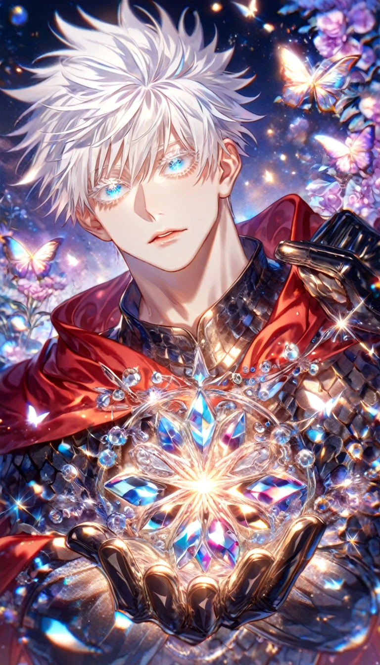 absurdres, highres, ultra detailed, HDR) master piece, best quality, extremely detailed, delicated features, Gojou Satoru, white hair, expressive blue eyes, white eyelashes, Jujutsu Kaisen, solo, sexy man, handsome, sensual, red cape, black armor, knight, black gauntlets, fantasy, magical, glittering, shining, garden, purple flames, purple moon, purple flowers, purple butterflies, AddDetailedEyes_XL, Addcrystal light XL, detailed background