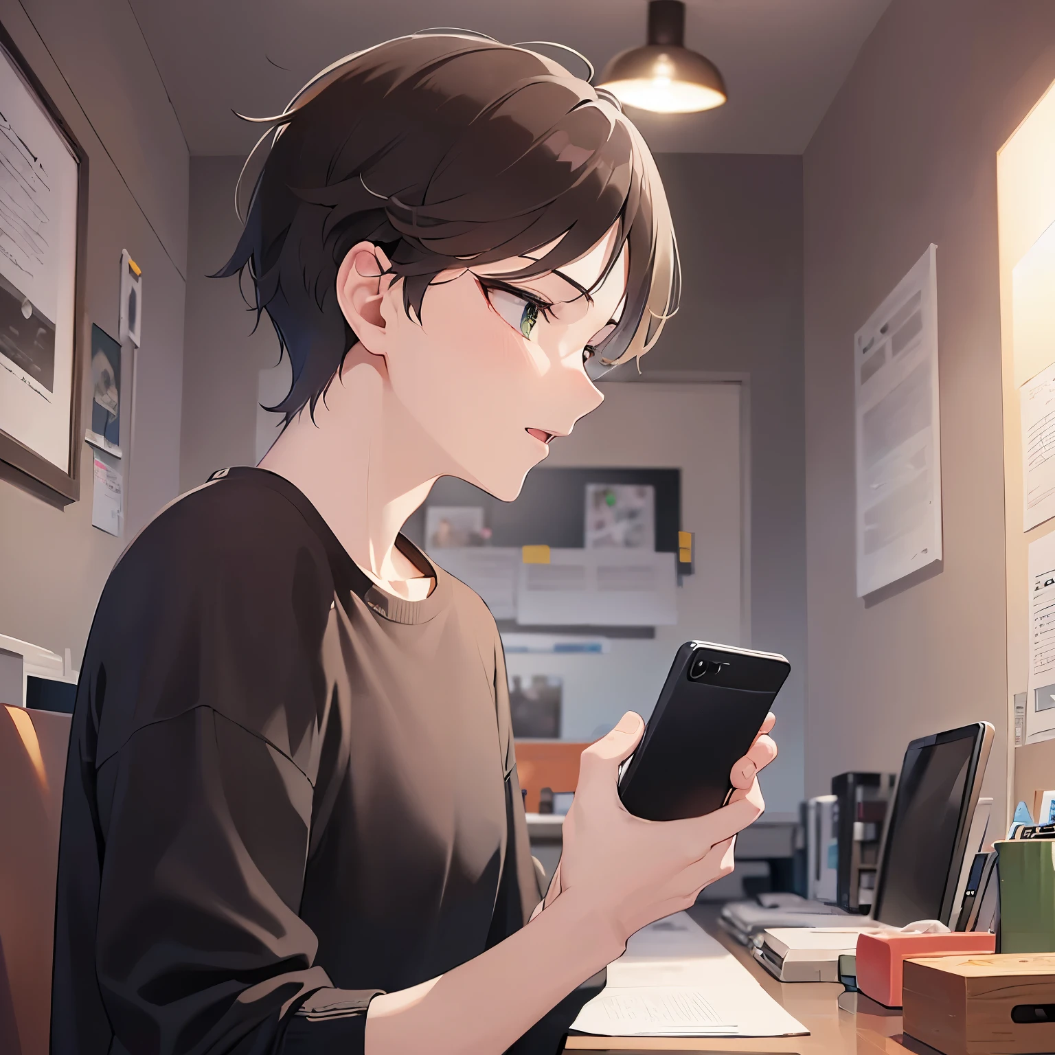 (25-year-old male:1.5) and (Brown short hair) and (Green Eyes), (looking away:1.5),upper body、Side shot、 Talking on the phone、(talking on the smartphone:1.5),(handling_smart_phone, smart_phone:1.2)、
shiny skin, (looking away:1.5)、masterpiece、Highest quality、
(Black Shirt:1.5)、
worried、open mouth,The background is the living room、(alone:1.5)