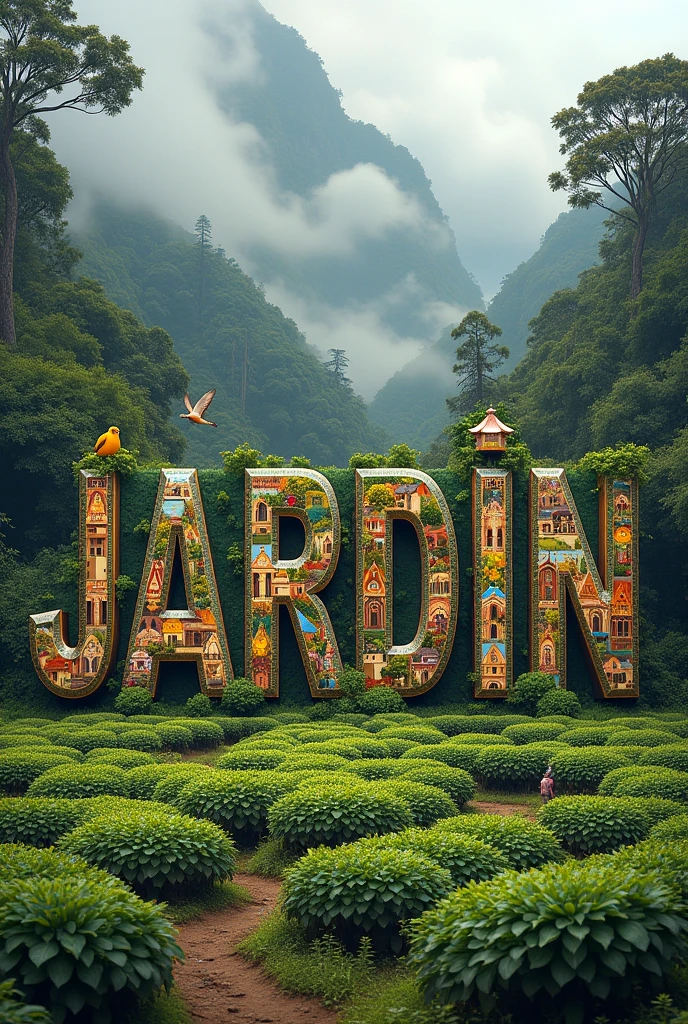 Create an image of the word 'Jardín' where each letter is filled with scenes of the town's central park, the historic church, and the surrounding cloud forests. Include vibrant flowers, Andean cock-of-the-rock birds, and local farmers tending to coffee fields around the word