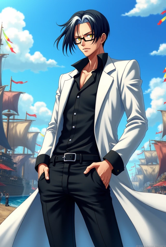 Create a male swordsman character with yellow eyes and black hair with a white streak in the style of the anime One Piece. The character should wear black glasses and a white overcoat with a long-sleeved black shirt and black pants. 