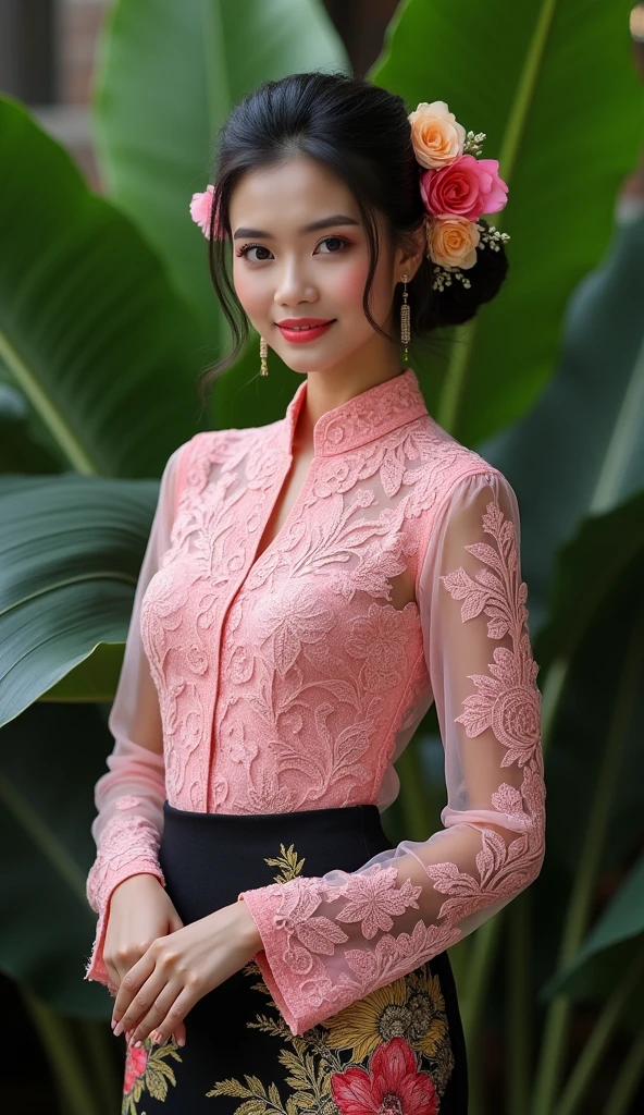 indonesian woman wearing pink sheer tight lace long sleeve traditional balinese kebaya, we can see the lace carved in the kebaya from neck line to waist line and black golden batik pencil skirt, updo hair with flowers, facing camera