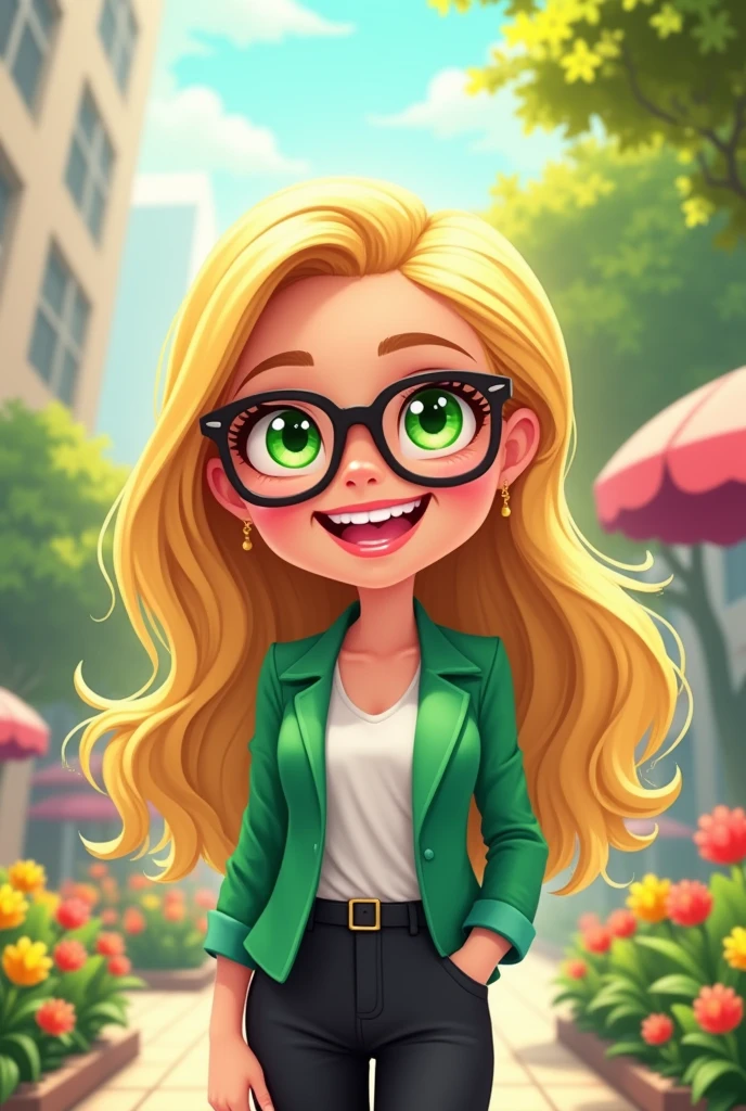 a super happy woman with green eyes, straight and blonde hair, glasses, a green blazer, black pants, in the cartoon chibi style