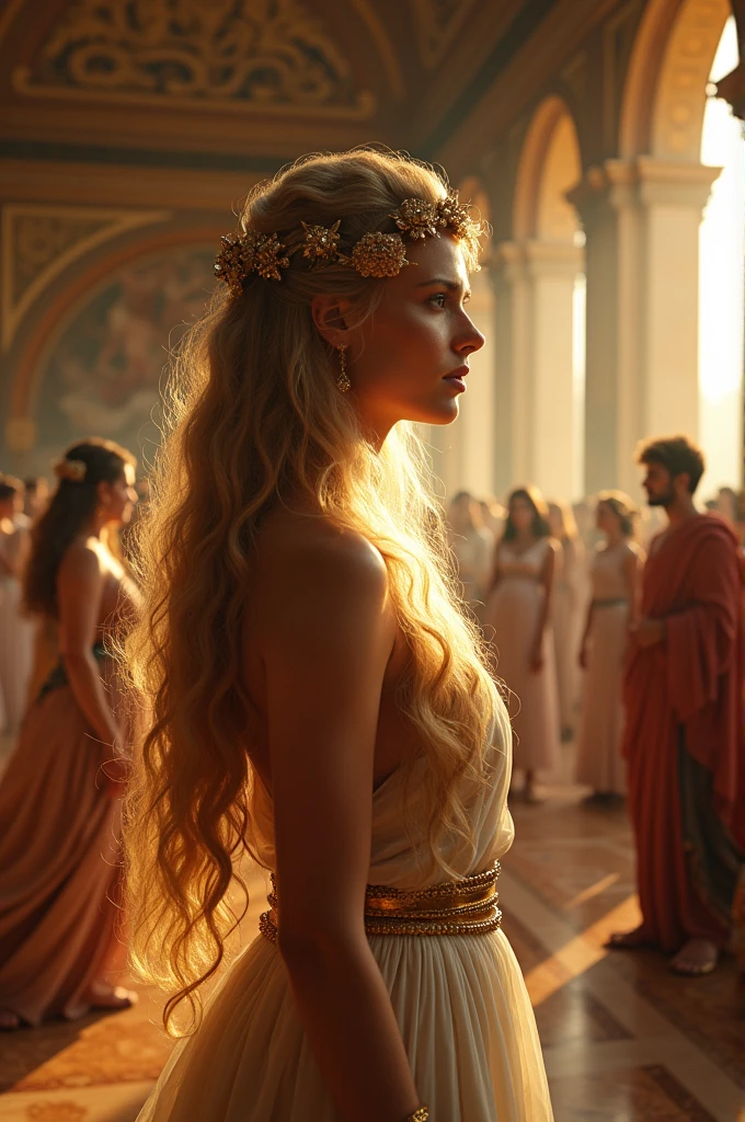 Create a beautiful woman, the embodiment of Helen of Troy, in the palace amidst people. Of the finest quality.