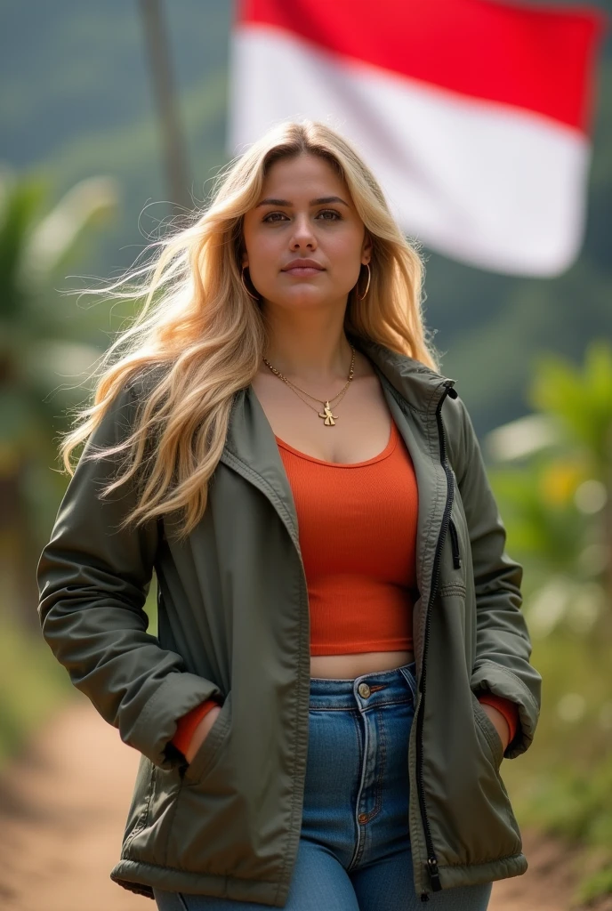 27 years old jewish woman, white skin, full weight body, long blonde hair, short neck, straight front pose, half body portrait, outdoor outfit jacket, in front of Indonesia flag