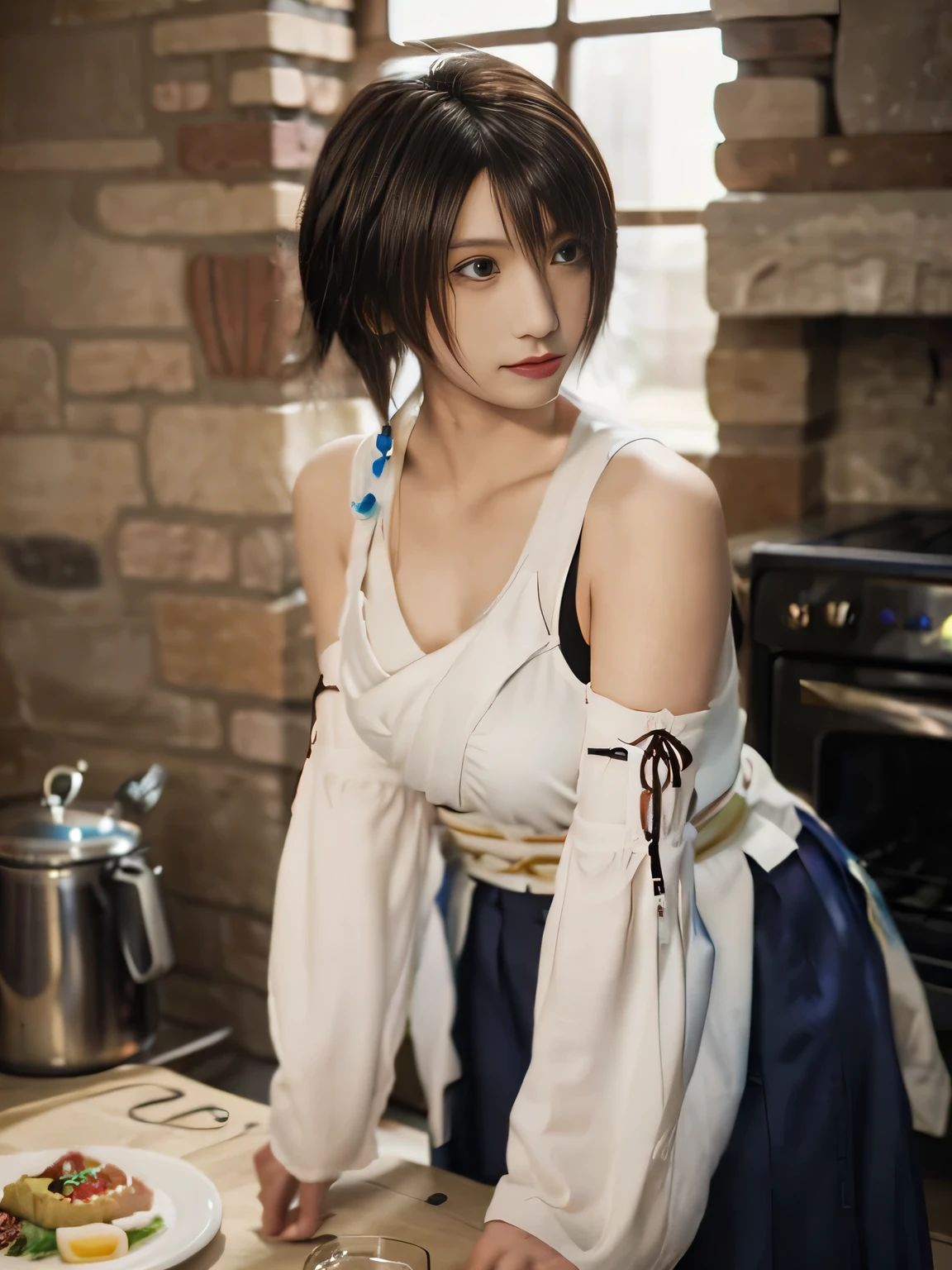 20 year old Japanese beauty,One person、Muscular body like a bodybuilder、Emphasize the breasts、Slit eyes、A head-to-toe view,Bust is very very large、The background is a medieval European kitchen、High quality photos、Clear, crisp images of the lower body、Masterpiece 8k、Ecstatic face、Drinking a beer mug by the stove.、From the front, from the side, from the back, etc.々from what camera angle to shoot、FF10 Yuna's outfit