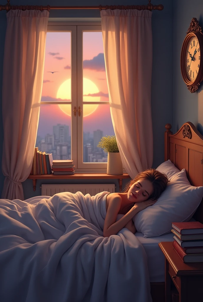 A serene bedroom scene with a person peacefully sleeping, showing a visual timeline of 26 years passing quickly, with the sun and moon rapidly rising and setting.