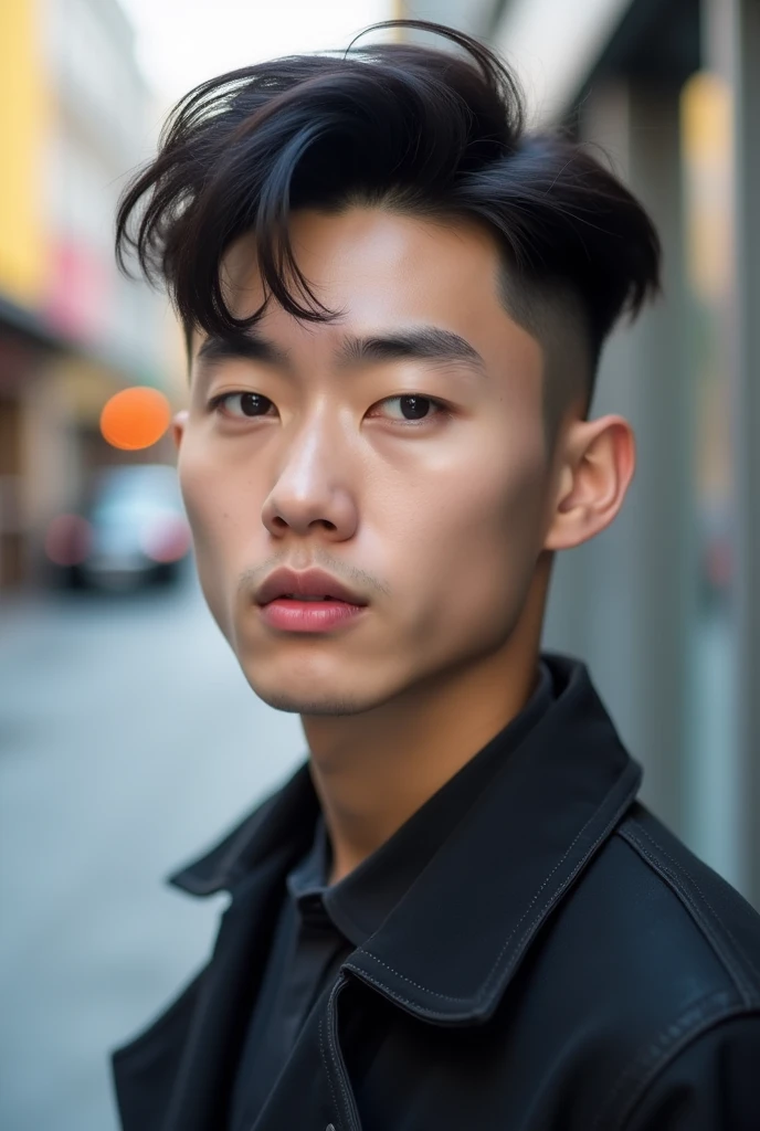 Handsome realistic young man, asian, half japanese.
korean wolf cut hairstyle. His brows were thick, has hooded eyes and pointed nose. And his lips are lightly pink. Also has defined jaw.