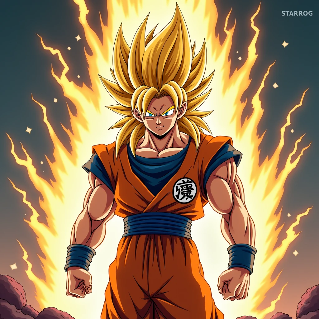 Goku as an Old Man、Transforming into Super Saiyan 3、Her hair is long and reaches her feet.、His eyes are full of anger.、In a state of getting pumped up before a fight、Lots of lightning in the background、The appearance of a cool adult