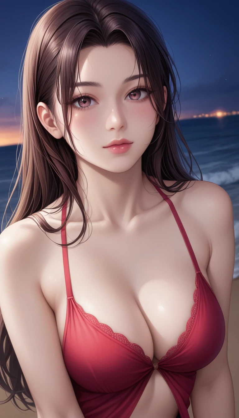 score_9, score_8_superior, score_7_superior, High-resolution CG illustration,A masterpiece in 32K resolution,Highest quality,it is really amazing,Very detailed,Ultra-high resolution,Ultra-realistic,Realistic,Increased depth of field,Cinematic lighting,
Sexy mature Japan woman,
Straight Long Hair,Raven-black wet feathers hair,Showing his forehead,god々Beautiful,Ultra-detailed and beautiful face,Calm and gentle look,Beautiful dark brown moist eyes,Glowing, moisturized skin,Translucent white skin,born々New skin texture,Great proportions,
Elegant red swimsuit,
Simple design,Chic color scheme based on red,詳細なborn地の質感,
(Dark and blurry background:1.1),Dark overcast sky on a dull night,Dark clouds filling the sky,Thundercloud,Coastline at night,Stormy seas,delay々A desolate sandy beach that continues,
(Beautiful cleavage:1.1),(High angle:1.1),