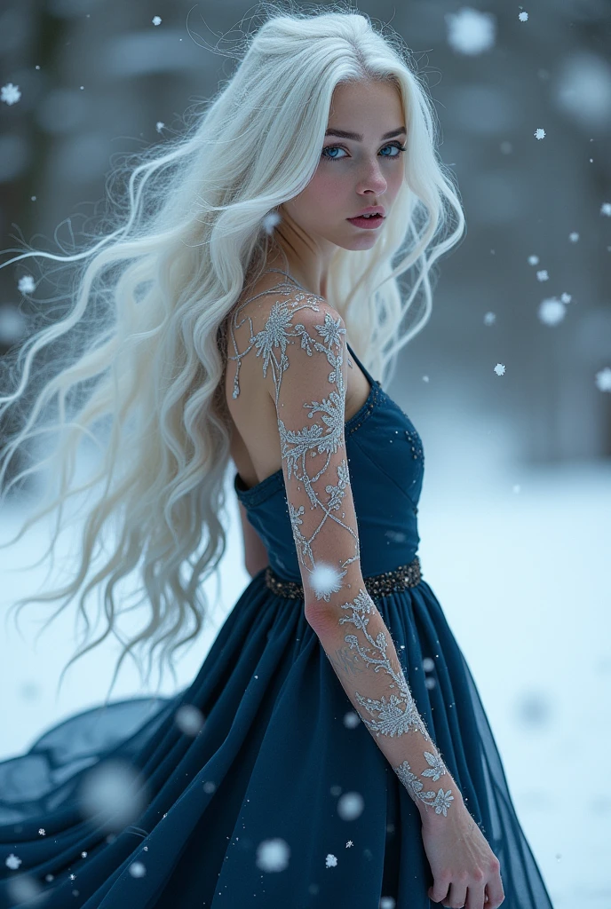 book character: feminine with long white hair, almost white blue eyes, white tattoos on the body,  long, sleeveless dark blue dress, snow falling all around. realisitic