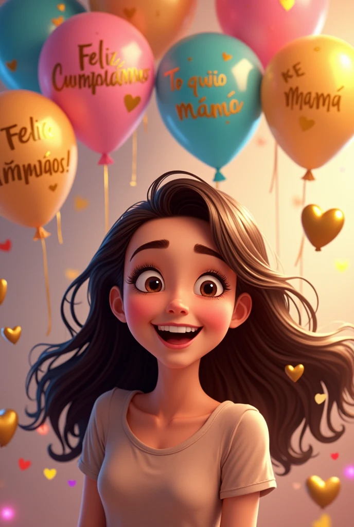  a happy animated woman. a brunette animated woman. BUT IN THE BACKGROUND PART SAY NICE DETAILS.. LIKE I LOVE YOU MOM OR HAPPY BIRTHDAY BALLOONS HEARTS.. Happy birthday. in spanish everything.