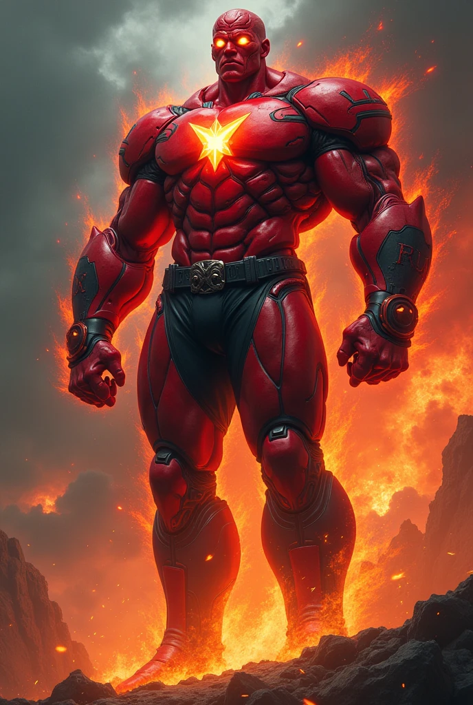 Male, giant, muscular, titan face, red skin, glowing eyes, shark-like teeth, red power armor with large black patterns, black pants, lantern symbol, red forearms and boots, fire aura