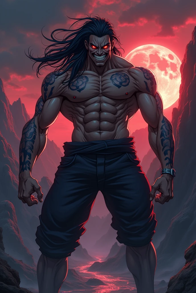 Make an anime style HUMAN male, two meters and ten centimeters tall and extremely muscular, All your teeth are extremely sharp and pointy, He has a pair of blood moon-like red eyes that have different dark circles., His body is completely covered in scars and full of large scars of all kinds all over his body, He also has long, messy, straight hair that reaches his neck