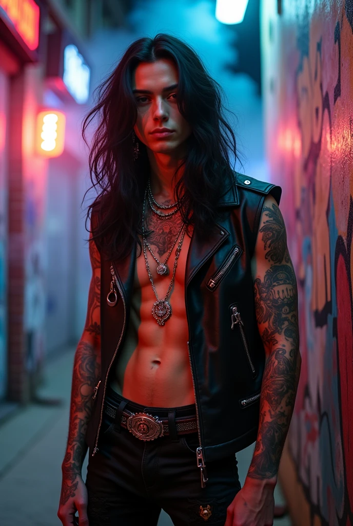 Create a realistic image of a tattooed rocker with long black hair, around 19 years old, very young.
