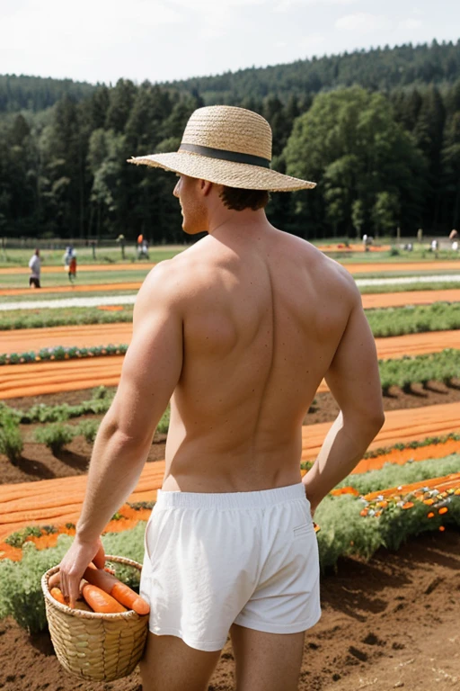 young, Beautiful, handsome, white, skinny, soft skin, beautiful face, shirtless, large beautiful man's backside in a carrot garden picking carrots in a basket hat