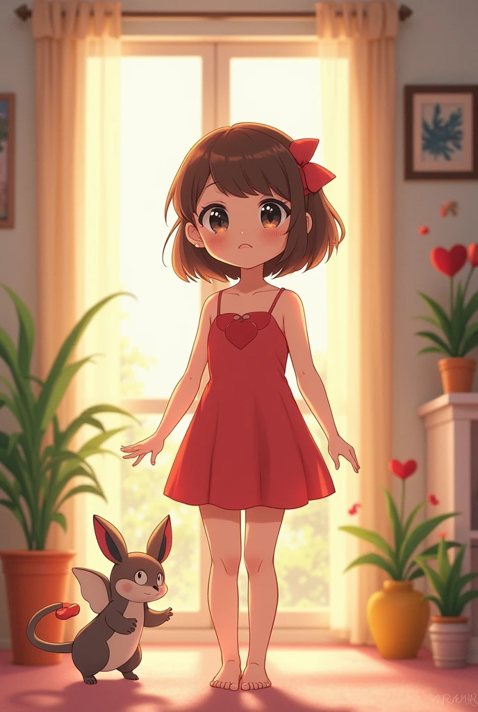 mesa, Best Quality, High resolution, interior, 1 girl, Alone, can (the pokemon), (((Brown hair))), bare shoulders, bare arms, without hat, (((mini red heart-shaped dress))),