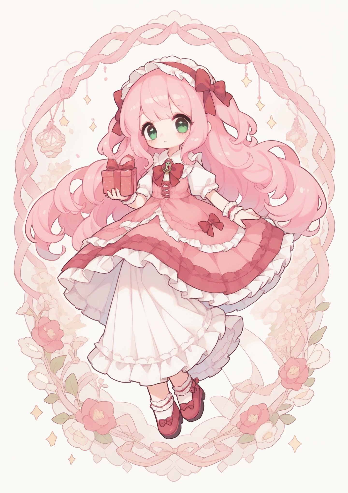 girl，Extra long pink hair，big red bow，Green eyes，Lolita long skirt，gift box