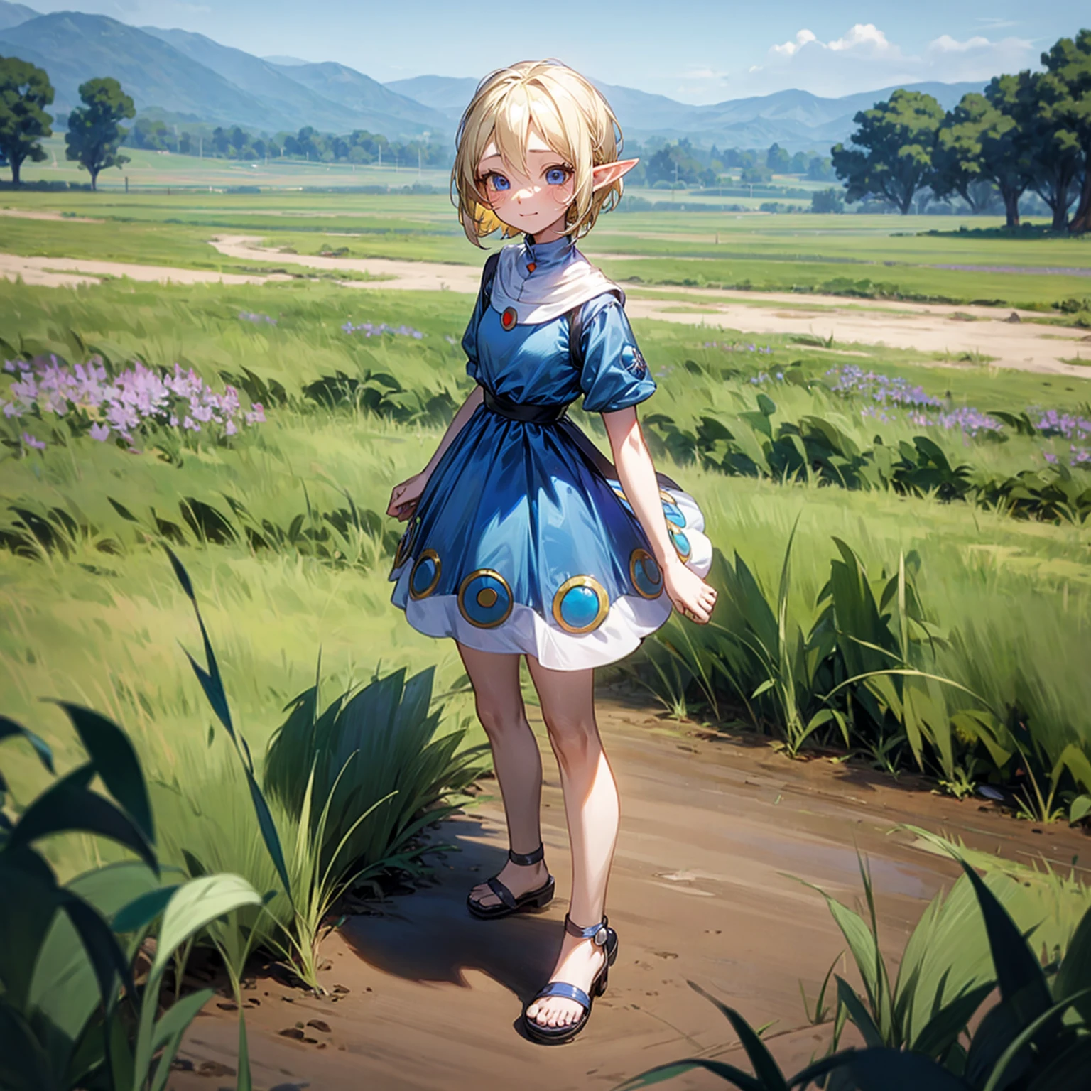 Solo character, full body version, , (elf), blue eyes, blonde color hair, short haircut, blue dress, short dress, sandals, outdoor, field, medieval, standing gesture, detailed background, detailed clothing, detailed hair, (Doraemon style art), sad eyes, smile mouth 