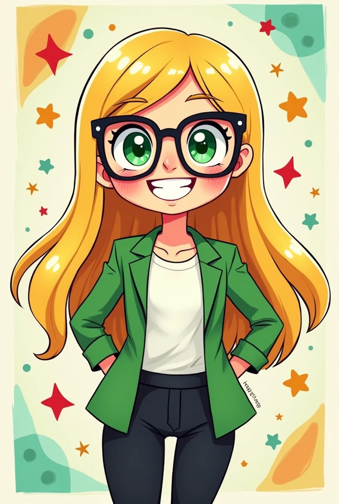 a super happy woman with green eyes, straight and blonde hair, glasses, a green blazer, black pants, in the chibi cartoon style, bighead