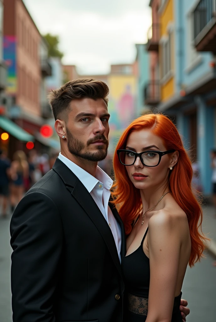 A man with a handsome haircut, mustache, and goatee, alongside a skinny, naked redhead wearing glasses.