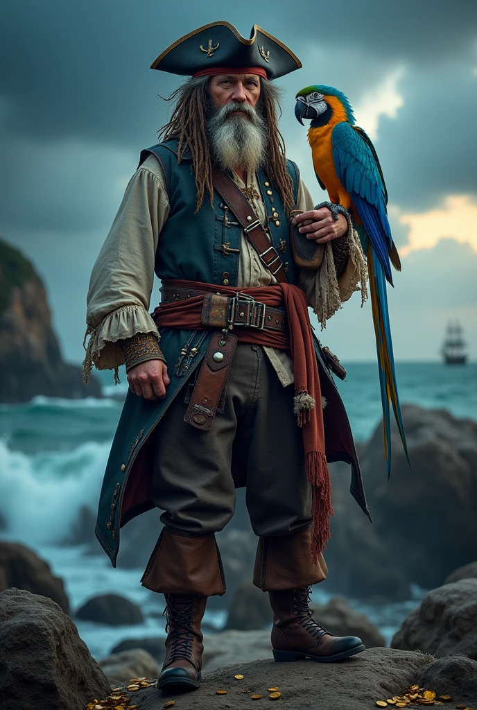Create me a single cover of a pirate with a blue parrot on his shoulder and a peg leg taking perc 30 pills