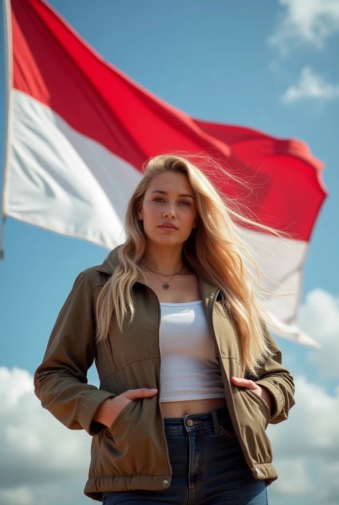 27 years old jewish woman, white skin, full weight body, long blonde hair, short neck, straight front pose, half body portrait, outdoor outfit jacket, in front of Indonesia flag