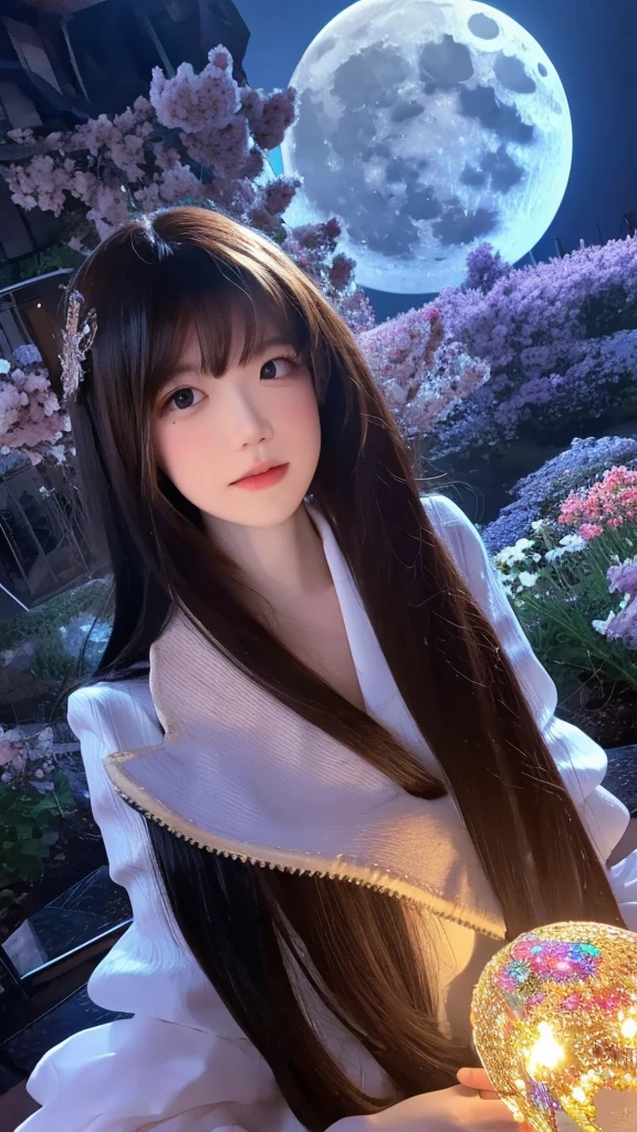 (Bottom View),A woman in the form of a dragon standing in a field of flowers, looking up. (full moon),(shooting star),(nebula),cherry blossoms,(Warm light source:),(fire Fly),Intricate details,Volumetric lighting,(masterpiece),(Highest quality),4K,Very detailed,(Dynamic configuration),Very detailed,Colorful details,(Rainbow colors),(Glowing lights, Atmospheric lighting),dream-like,Magic,Songs will be passed down。A singing voice with infinite possibilities