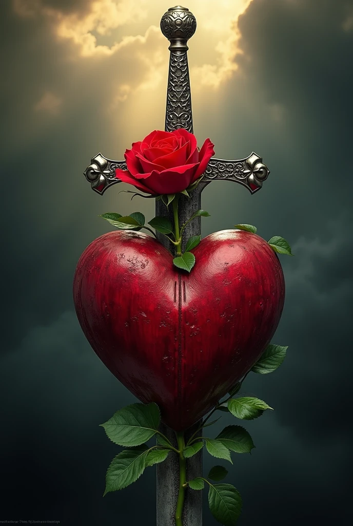 A medieval sword piercing a heart with a red rose emerging from it..
