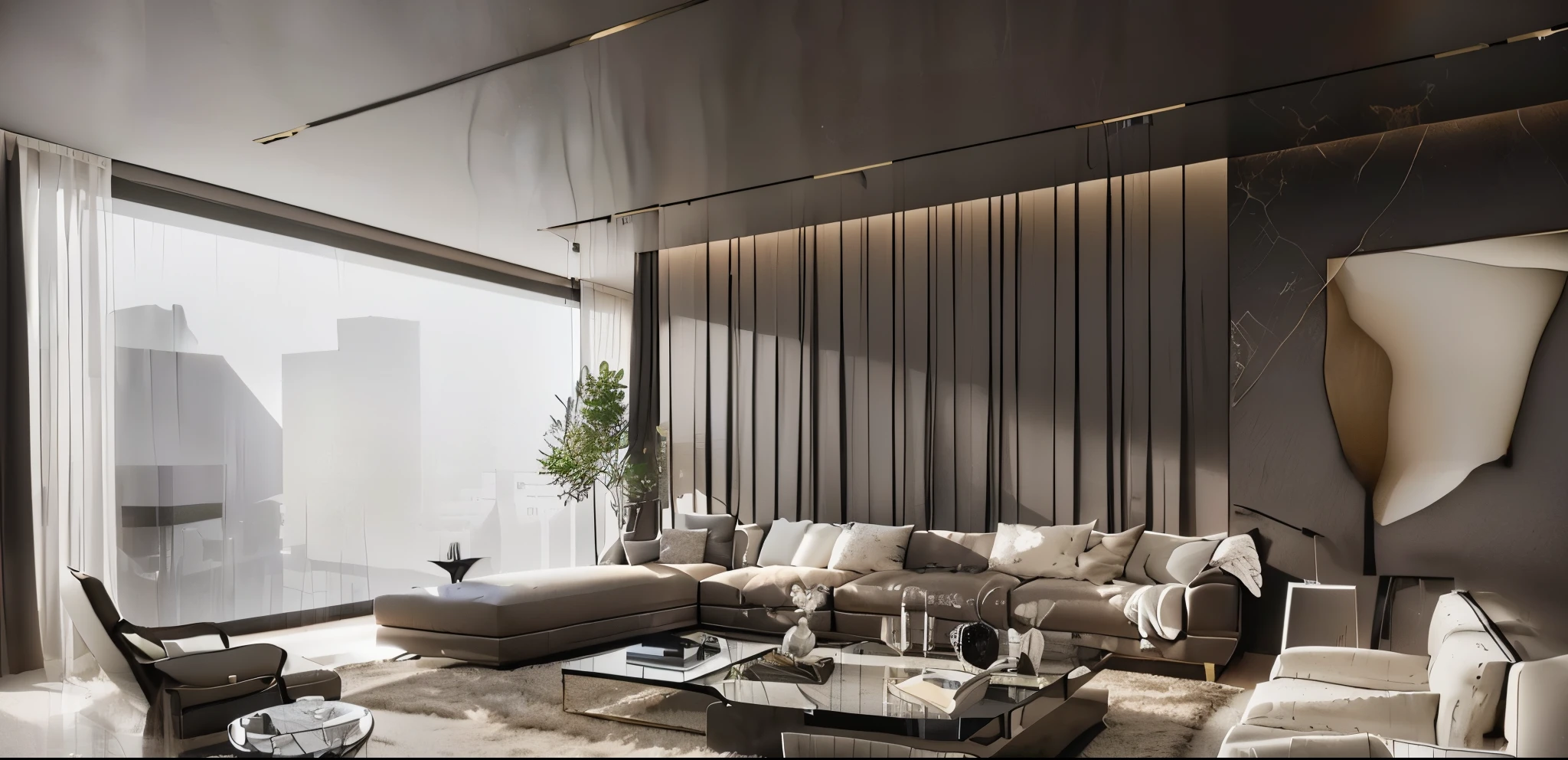 living room landscape with sofa, Chair, coffee table and a large window, Luxurious HD rendering, modern style, Popular interior design styles, Excellent 3D rendering, living room interior design, Modern Living Room, Beige and dark colors, High quality 3D rendering, High quality 3D rendering, professional 3d render, vray 8k rendering
