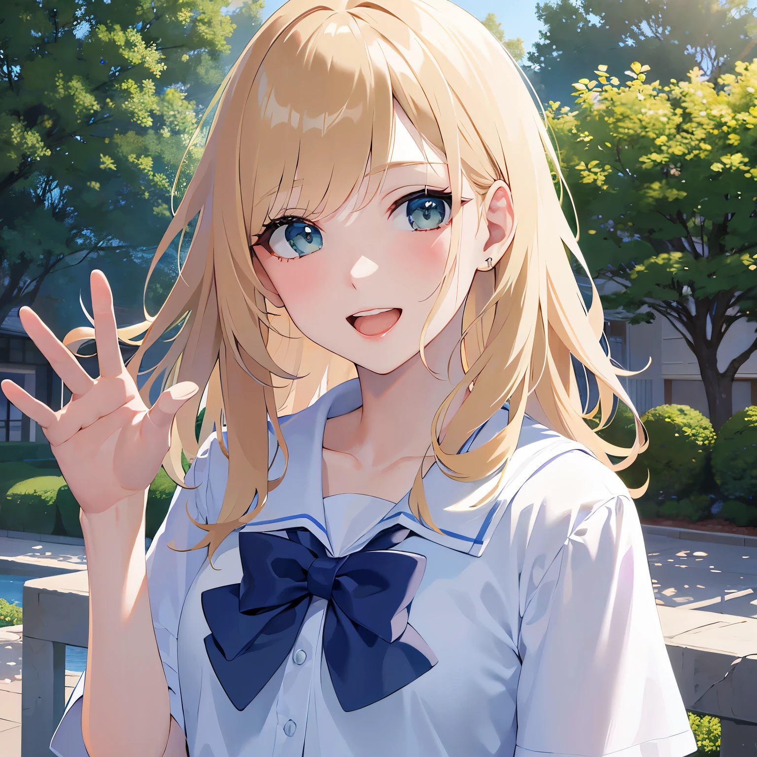waving hand, Biologically correct five fingers、Upper Body, Realistic, real person, (pale skin: 1.2), RAW photo, photorealistic, shiny skin, shiny hair、 (A 15-year-old female with medium length hair and bangs) and (wavy hair) and (Blonde Hair) and (green eyes), BREAK sailor suit, dark blue collar, white shirts,red ribbon BREAK、 (smile:1.2), open mouth, The background is a park、(alone:1.5)