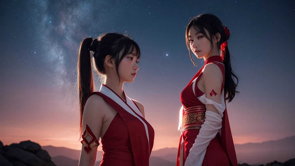 A delicate and lovely ancient goddess with lustrous black ponytail hair. She wears a white and red miko wear. The background is a fantastic and ethereal night sky, as if possessed by a specter. Her expression is stern and atmospheric.