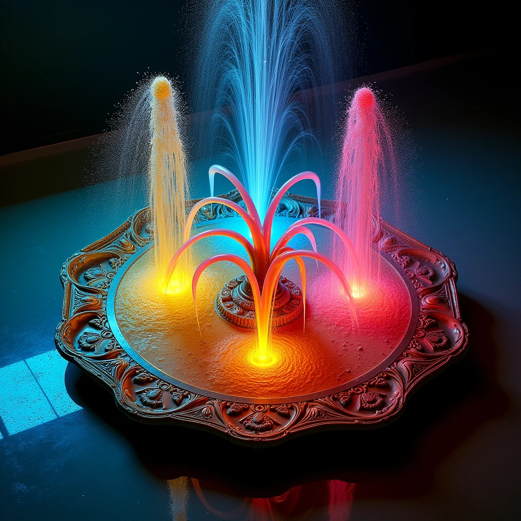 top down photo of a kinetic art installation where 3 equidistant spouts on an ornate circle spray liquids of complementary colors. the liquids are sprayed just slightly off the circle's center which causes the circle to spin and the liquids to mix which creates a mesmerizing mix of colors and a display of ever evolving intricate fluid patterns. the lighting from below accentuates the rich liquid colors, diffracts and scatters on the liquid casting caustics patterns on the surrounding surfaces and erects beams of light. rim light, back light.