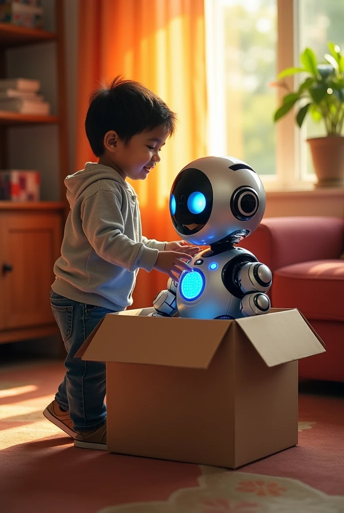 Unboxing the Robot:
Prompt: “Ravi opens a large box to reveal a futuristic robot toy inside. The robot is partially out of the box, with blinking lights and a sleek design, as Ravi eagerly looks on with wide eyes.”