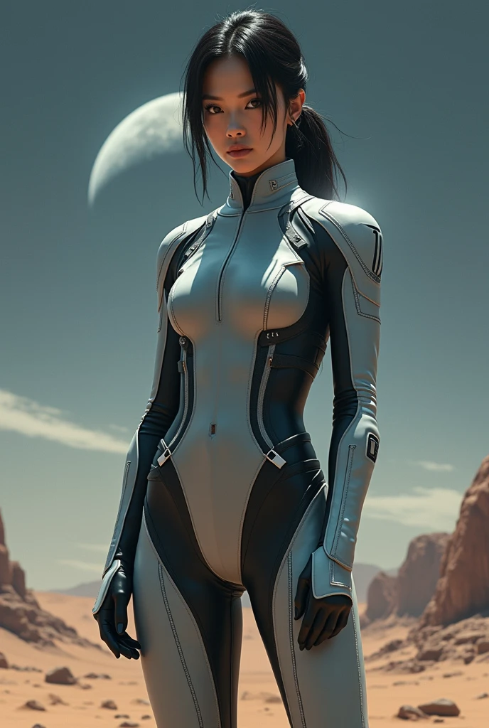 A beautiful Japanese girl wearing a gray suit, Wearing a tight suit, A beautiful Japanese woman wearing a futuristic gray suit, 滑らかなgreyタイトな服のスーツ, greyレオタードを着て, White stitching、Star Wars Imperial Agent, Female Stormtrooper, Full Body Shot, full body, The tight-fitting suit, grey、Black pattern、(The waist design is black leather)、Black Belt、Black full harness:1.5、Black Leather Gloves、Long legs、White boots、On his shoulder were white vertical rank insignia、His suit had a large white detailed zipper.、Get angry、