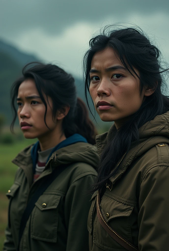 a small village transformed from a peaceful oasis into a scene of despair. the arrival of exhausted and terrified soldiers brings news of the activation of Project Nemesis, an imminent nuclear threat. The environment, Previously serene,, now charged with a heavy silence and palpable fear. Bruna and Rebeca, impacted by the shock, display expressions of grave concern and determination.