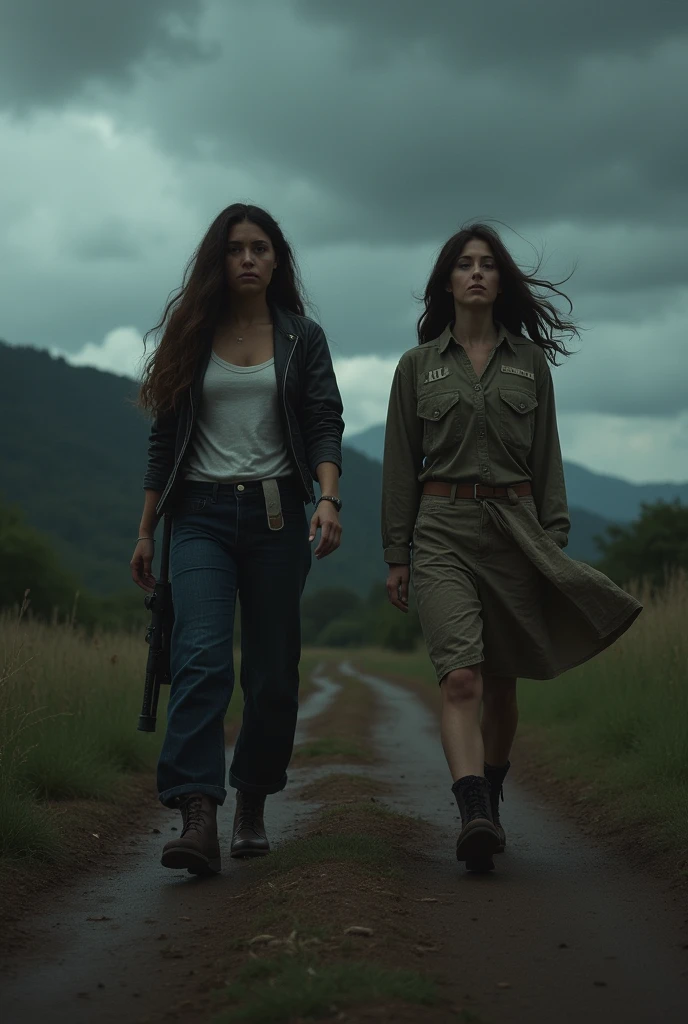 a small village transformed from a peaceful oasis into a scene of despair. the arrival of exhausted and terrified soldiers brings news of the activation of Project Nemesis, an imminent nuclear threat. The environment, Previously serene,, now charged with a heavy silence and palpable fear. Bruna and Rebeca, impacted by the shock, display expressions of grave concern and determination.