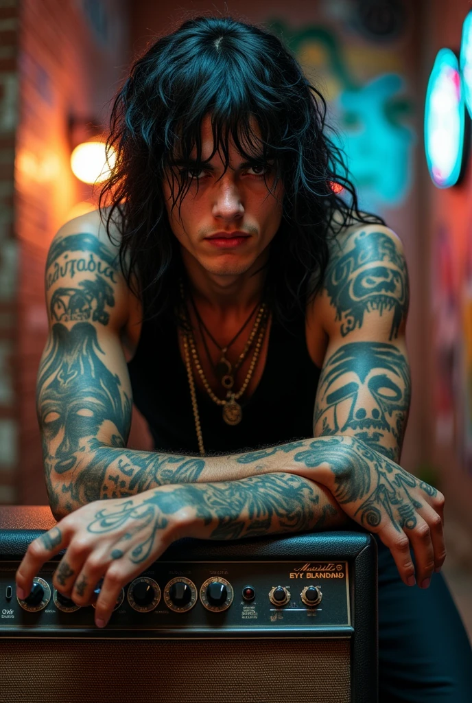 Make a realistic image of a tattooed rocker with long black hair, average age 19, very young and very macho 
