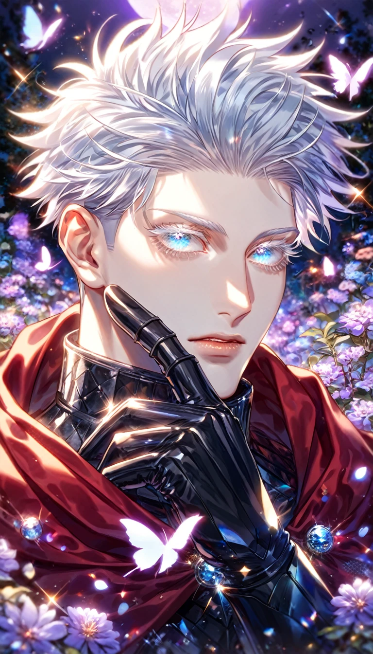absurdres, highres, ultra detailed, HDR) master piece, best quality, extremely detailed, delicated features, Gojou Satoru, white hair, expressive blue eyes, white eyelashes, Jujutsu Kaisen, solo, sexy man, handsome, sensual, red cape, black armor, knight, black gauntlets, fantasy, magical, glittering, shining, garden, purple flames, purple moon, purple flowers, purple butterflies, AddDetailedEyes_XL, detailed background