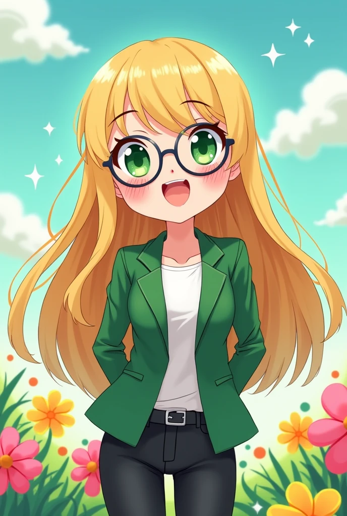 a super happy woman with green eyes, straight and blonde hair, glasses, a green blazer, black pants, in the chibi cartoon style, bighead