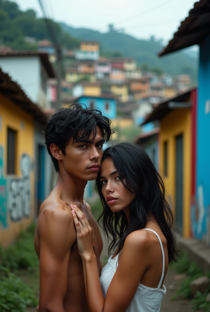 fund : favela

A couple is in the front and the guy is behind. One of his hands is on her neck and the other hand is going to have a gun. The guy has black hair. She has medium-length hair. She has light green eyes. He has dark green eyes. Both of them have white skin tones.