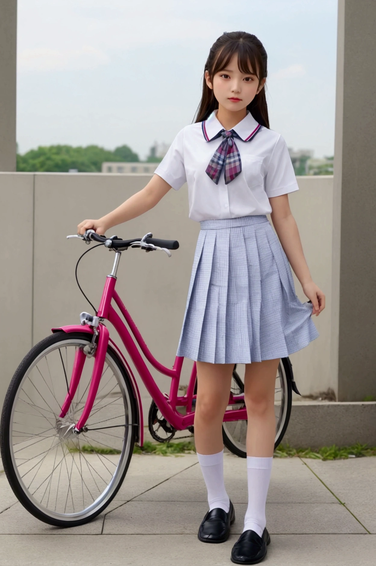 masterpiece, High resolution, Highest quality,Real Stick,Japanese, 1little gal, high school girl,Summer uniform,Short sleeve shirt,Pleated skirt with a ribbon check pattern at the neckline,socks,Loafer shoes,Bicycle commute,