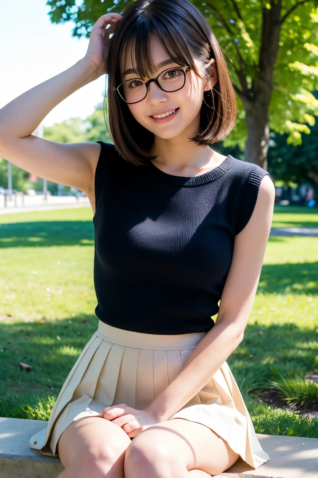 ((Highest quality)), ((masterpiece)), (detailed), One perfect girl,Perfect Anatomy,Cute baby face,,Perfect hands,Perfect legs,Perfect long limbs,Perfectly smooth skin,Wolf Cut Hair,Short Hair,Round glasses without rims,Small build,Sleeveless knitted shirt,A fitted knit shirt,Ultra mini skirt,Pleated skirt,very small pointed chest,Crouching,Pulling up her hair with one hand,A park bathed in gentle light,Blushing shyly and smiling